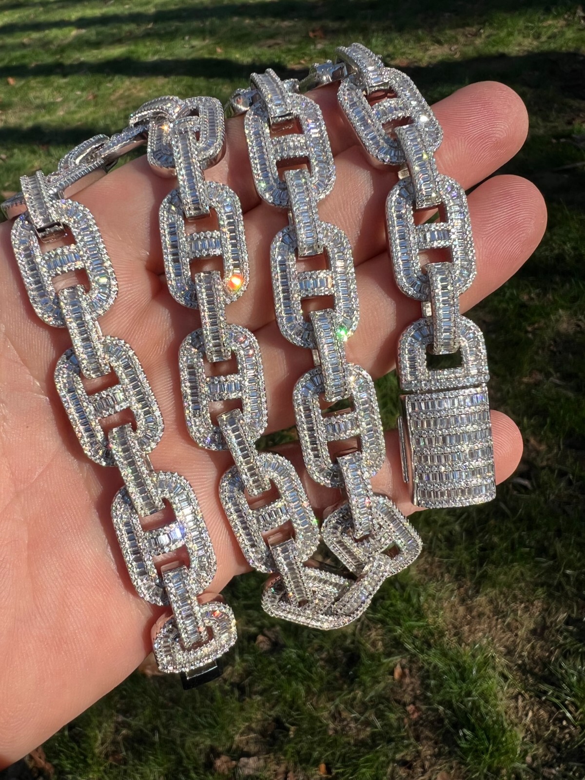 Pre-owned Silver Baguette Moissanite Solid 925  Gucci Link Chain Necklace Pass Diamond Test