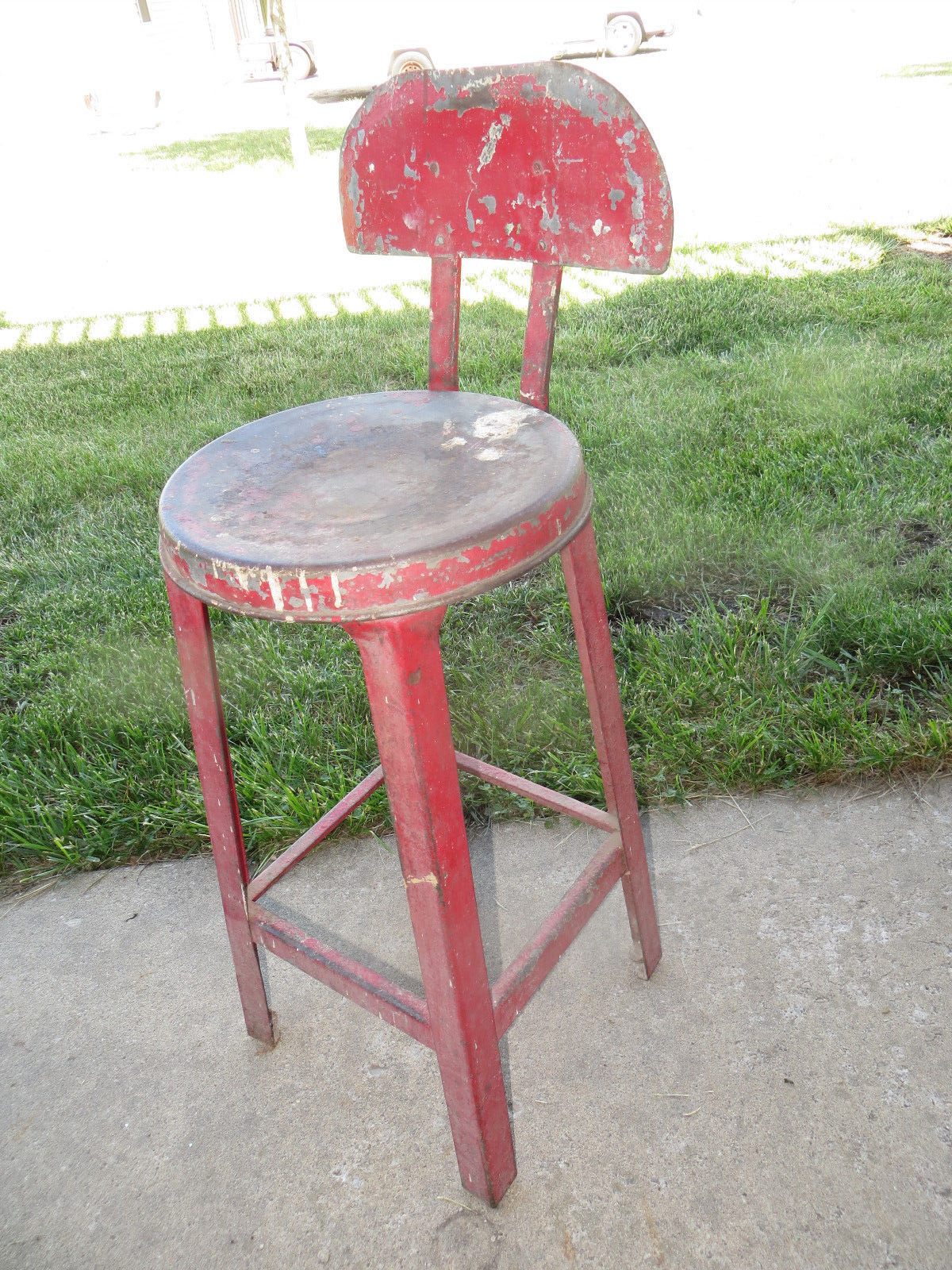 Vintage Antique Metal Kitchen Stool w/Back - Red - Primitive - 1940's - 1950's