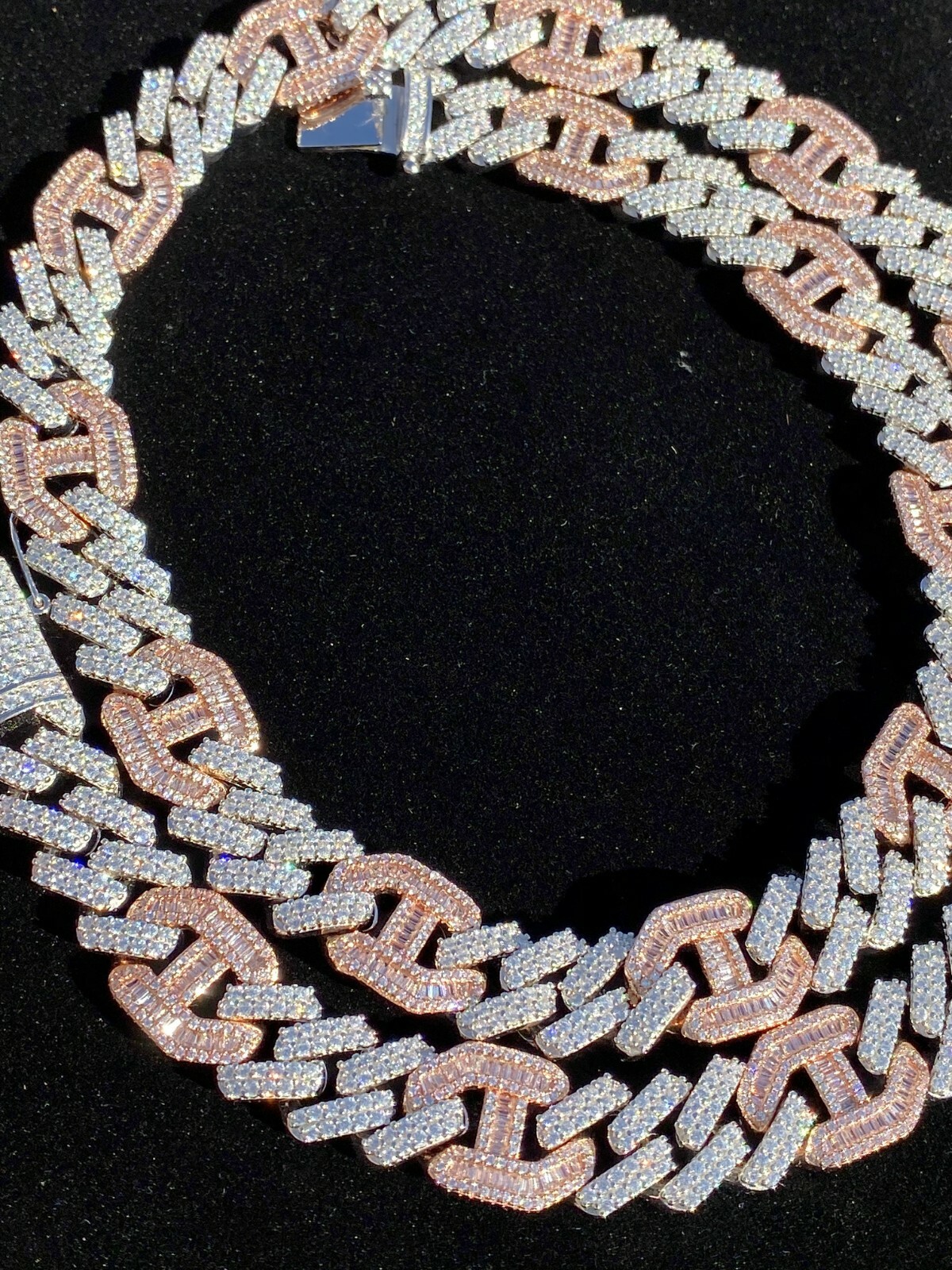 Pre-owned Silver Solid 925  Cz Rose Gold Plated Mens Figarucci Gucci Link Prong Cuban Chain In  & 14k Rose Gold