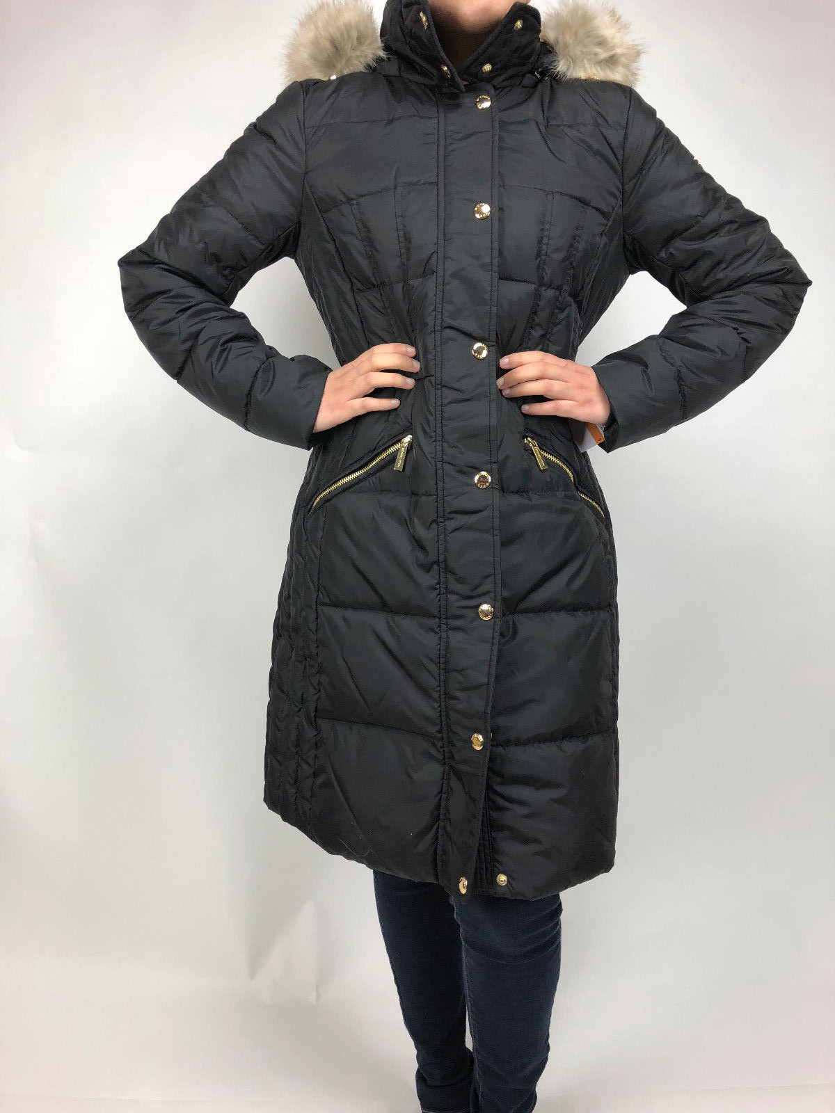 Pre-owned Michael Kors Womens  Down Puffer Jacket Bubble Coat Black Gold Faux Fur Trim Hood