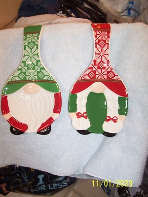 Mr. & Mrs. Christmas Gnome Ceramic Spoon Rests 4.5'' X 9'' New No Box Or Tag