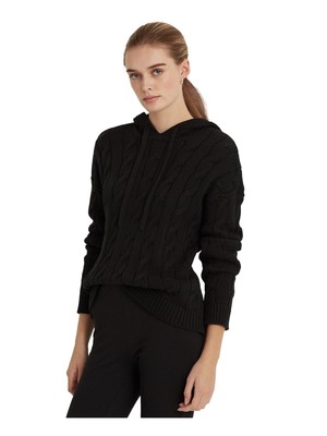 

Женский черный ребристый свитер с капюшоном и длинными рукавами RALPH LAUREN