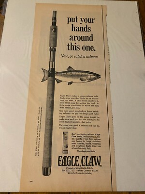 Vintage 1963 Eagle Claw Put Your Hands Around This One Go Catch A Salmon ad