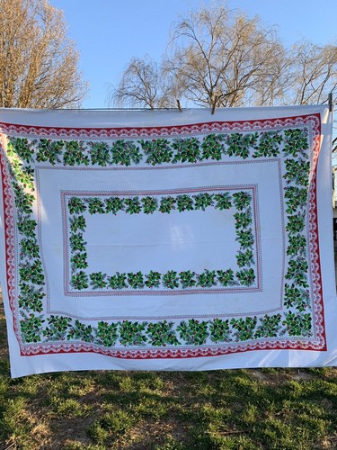 Vintage 1970’s Era Green & Red Cotton Blend Holly Christmas Tablecloth