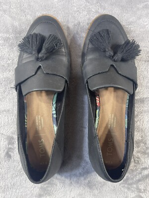 Toms Estel Black Leather Slip On Flat Loafers Tassels Women's Size 7.5 Preowned