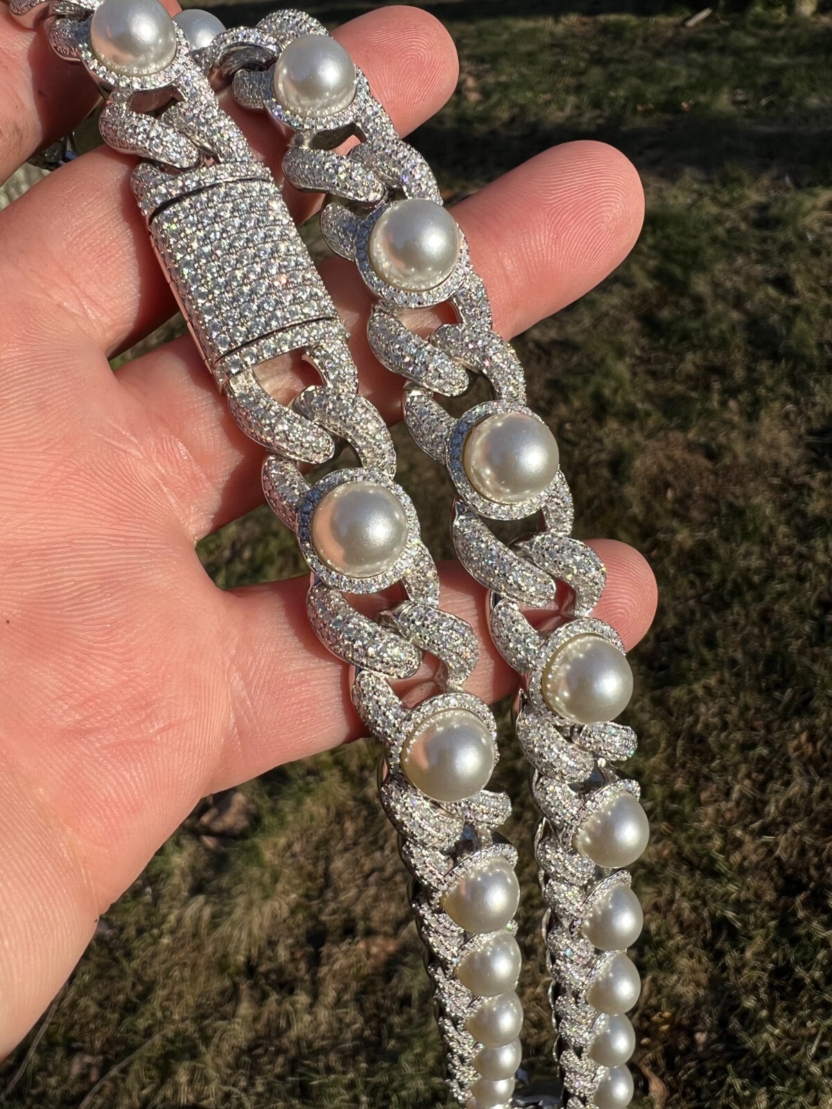 Pre-owned Harlembling Mens Ladies Hip Hop Iced Moissanite Infinity Link 15mm Necklace W. Pearl 14-24" In Silver