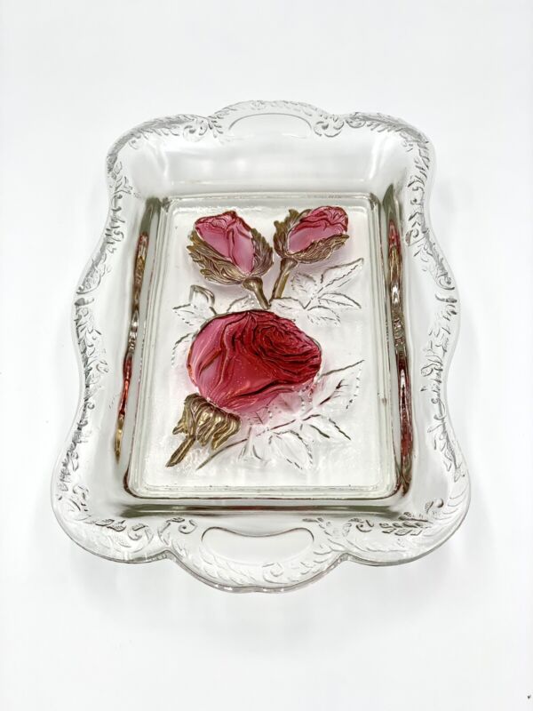 Vintage Glass Decorative Dish 22k Embossed Rose Trinket Jewelry Vanity Tray