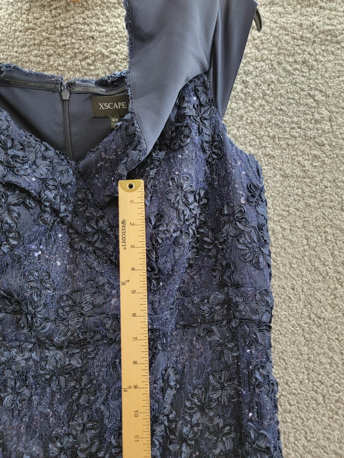 Xscape Plus Size Off Shoulder Embroidered Lace Dress Women's 16W Navy Back Zip - Picture 14 of 21