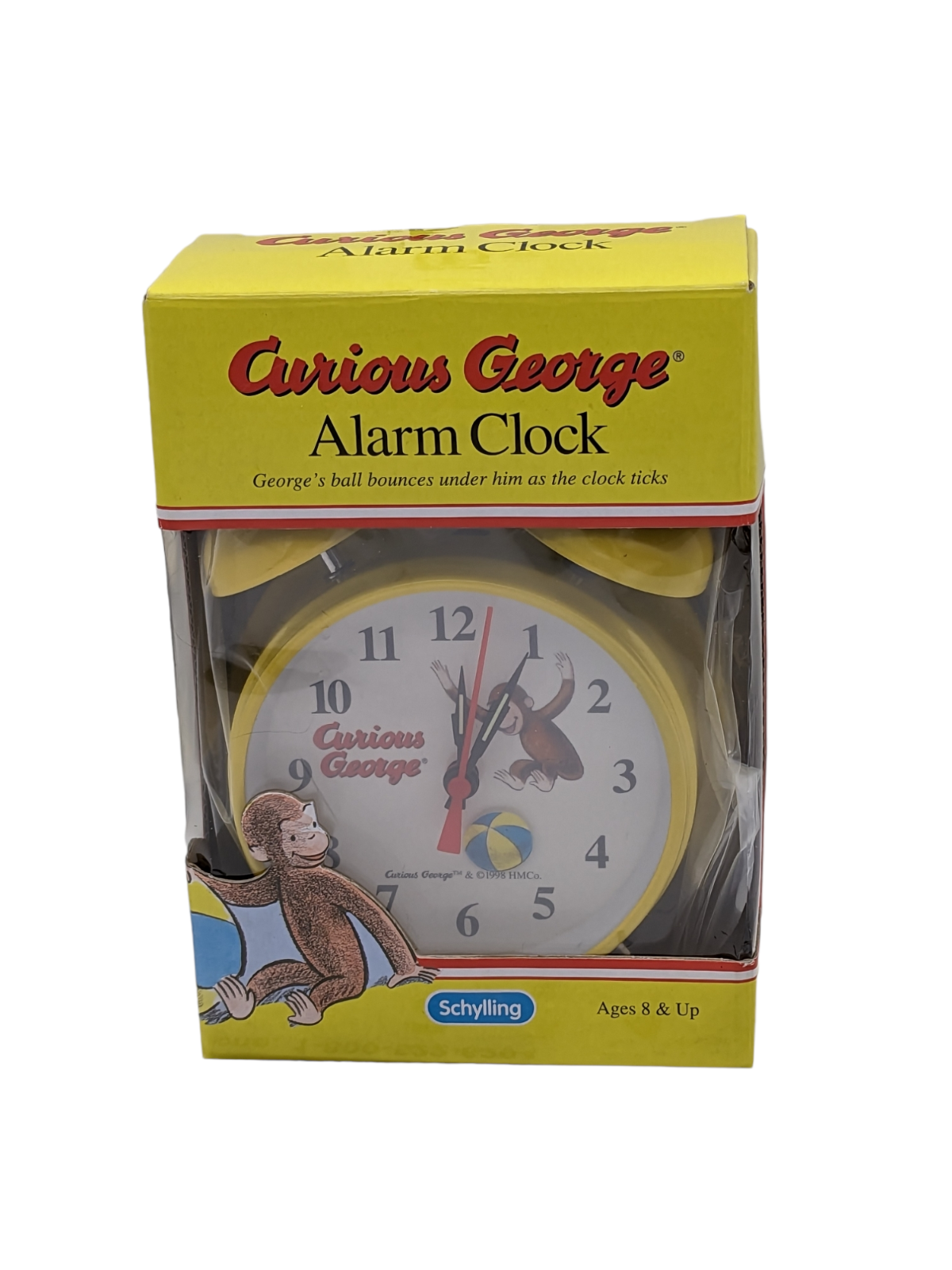 1998 Curious George Yellow Twin Bell  Alarm Clock, Schylling-New-Free Shipping