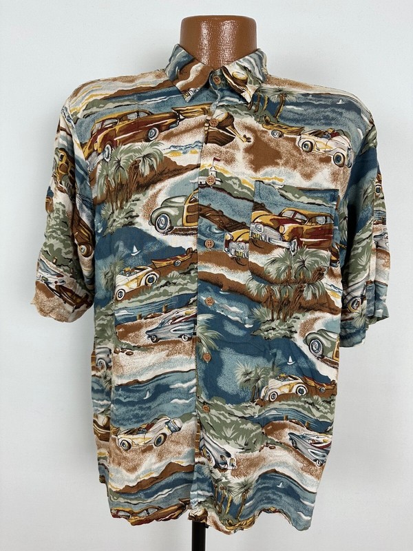 Vintage 90s Hana Bay Hawaiian Shirt Mens M Woody Wagon Retro Beach Aloha Rayon