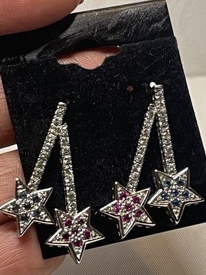 925  Sterling Earrings Wit Simulated  Ruby & Sapphire Gemstone  and CZ accents