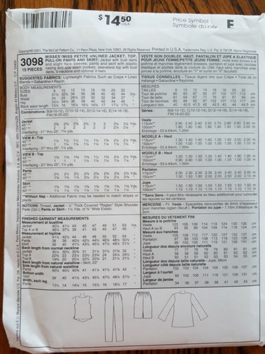 VINTAGE UNOPENED McCALLS PATTERN MISSES/PETITE JACKET/TOP/PANTS S 8-10-12 # 3098