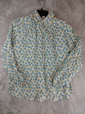 Max Studio Shirt Womens Extra Small White Green Blue Blouse Casual Preppy 