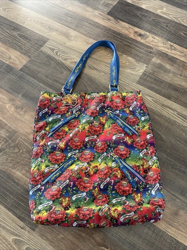 Ed Hardy Blue/Floral Nylon Tote Bag With Butterfly Charm