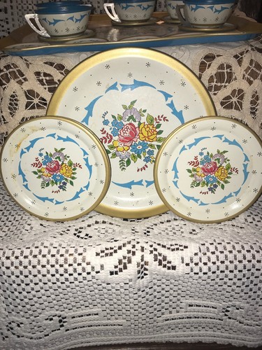 Vintage Ohio Art Tin Litho Childs Tea/Coffee Set RARE Floral Pattern