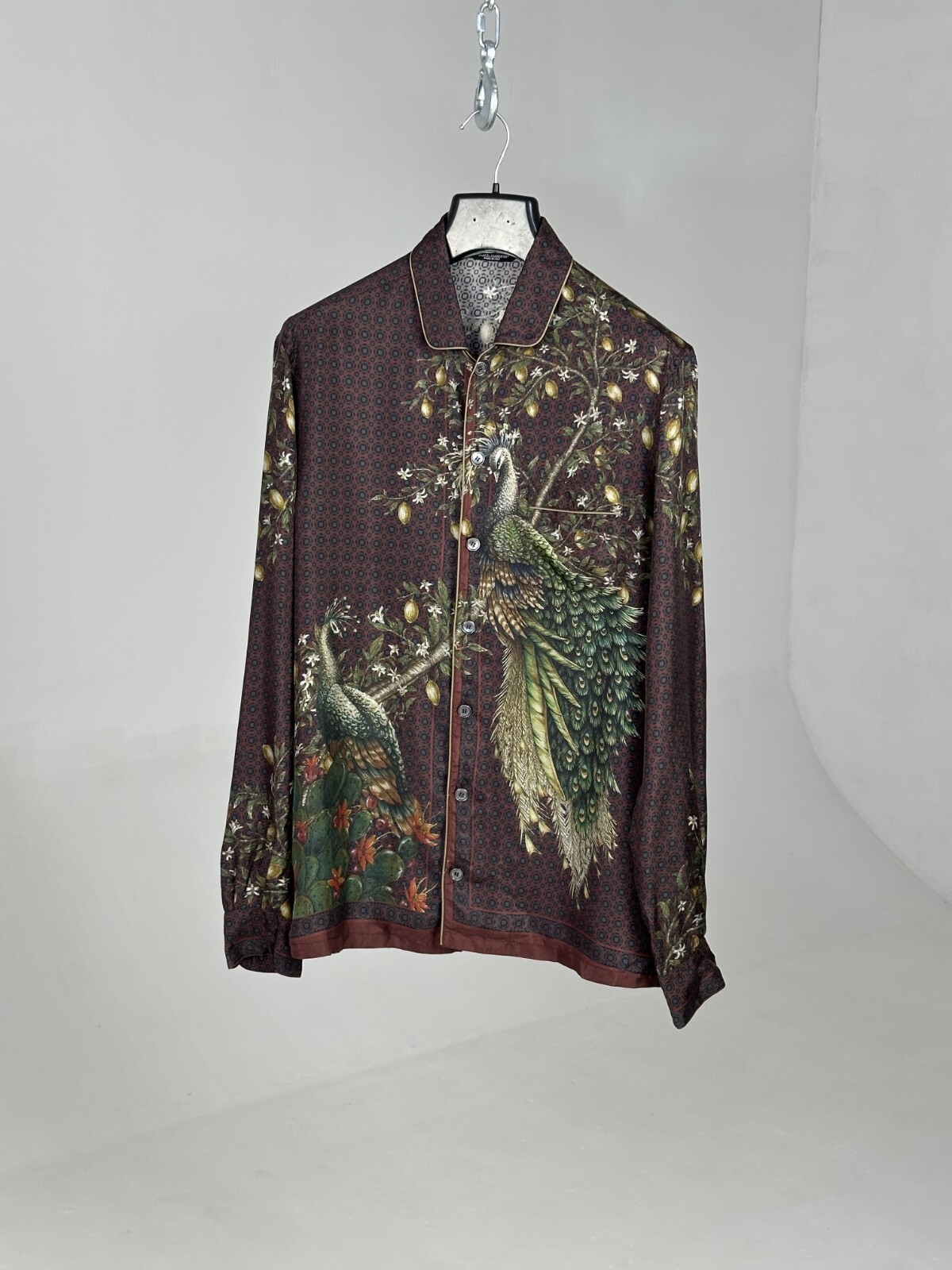 Dolce Gabbana Elegant Silk Shirt Bordeaux Geometric Peacock