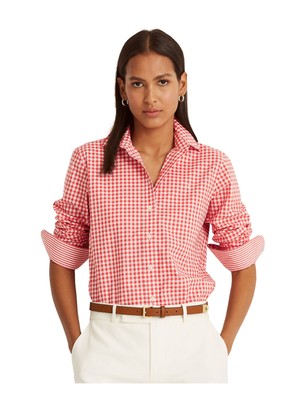 

Женский оранжевый топ в клетку с манжетами и воротником на пуговицах RALPH LAUREN Petites