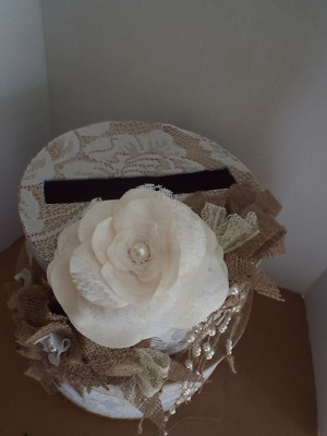 Chic Wedding Money Box Burlap, Lace Handmade for Elegant bride 50 cards
