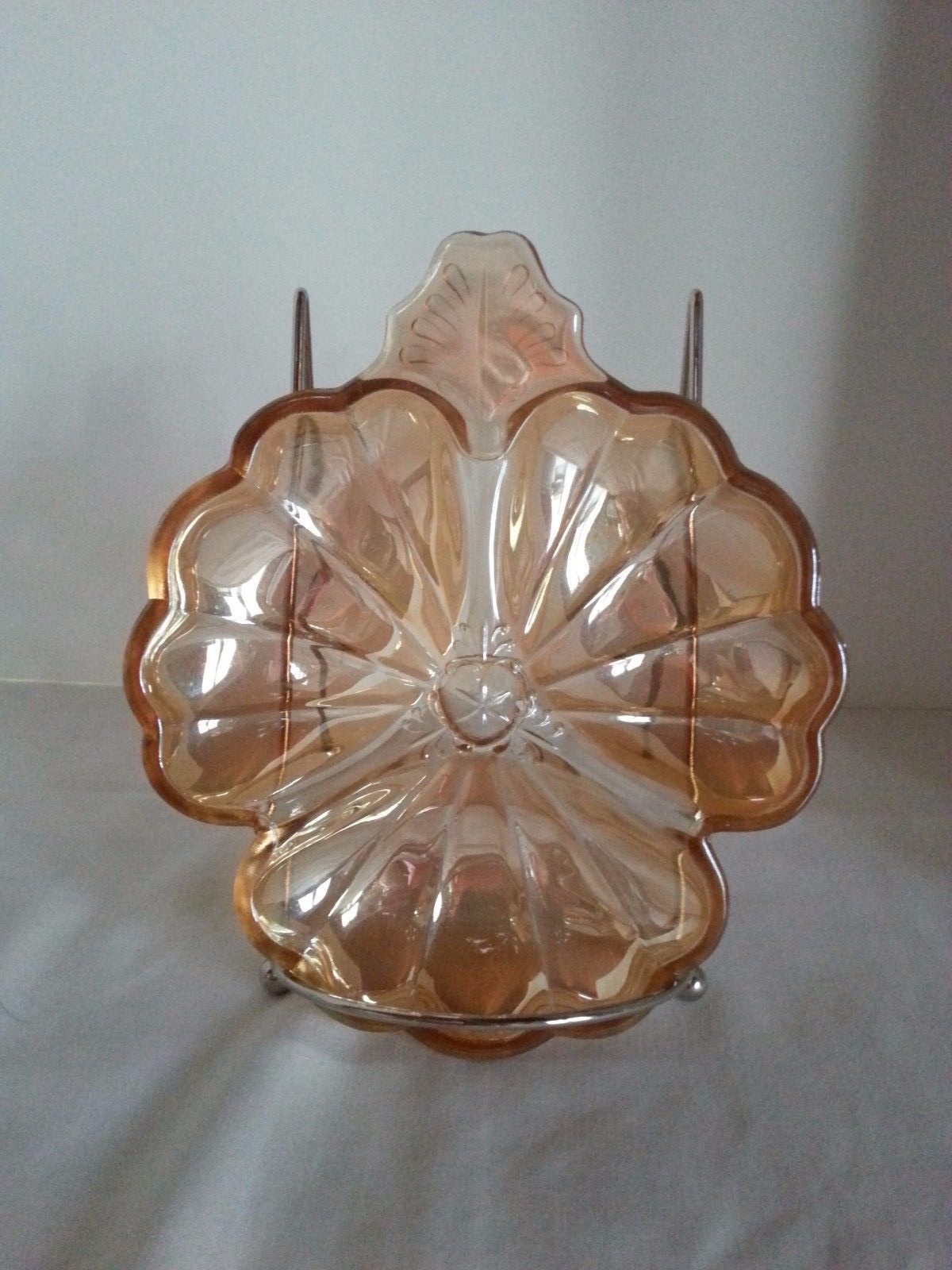 Jeannette Amber Iridescent Carnival Glass Clover Handled Relish Dish Bowl