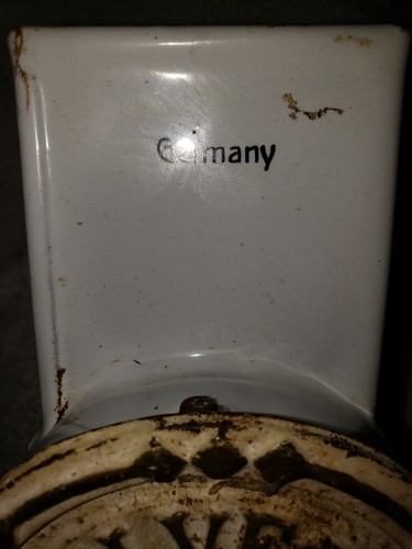 Antique German Cast Iron and Enamelware Mounted Helvetia Food Grinder Mill