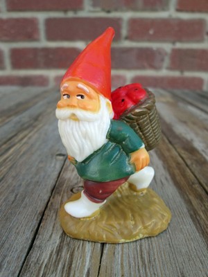 Vintage Gnome Carrying Basket Apples Figurine Hard Plastic Macau Elf Pixie Dwarf