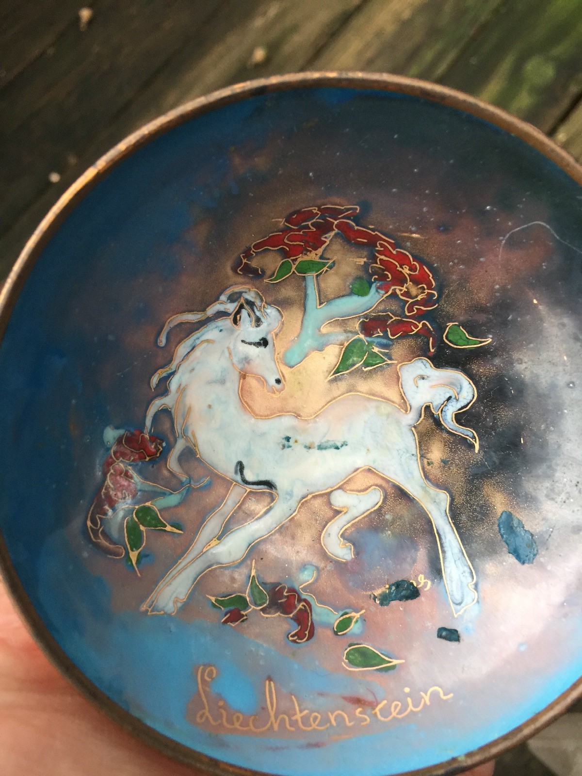 Antique Copper Cloisonne PEGASUS UNICORN Liechtenstein Bowl UNIQUE Estate ??j8