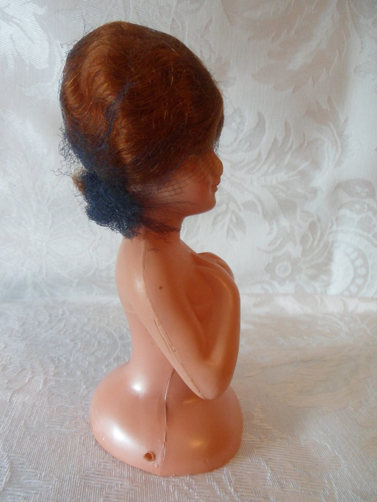 Celluloid Pin Cushion Half Doll Mohair Wig Hair Net Arms Crossed 5.5
