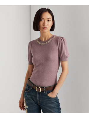 

LAUREN RALPH LAUREN женский фиолетовый свитер в рубчик с круглым вырезом и рукавами-пуфами