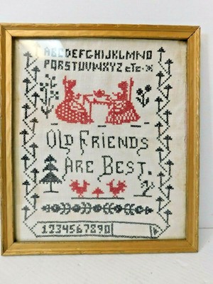 Antique Framed Cross Stitch Welcome Guests 1920s Sampler Art Original
