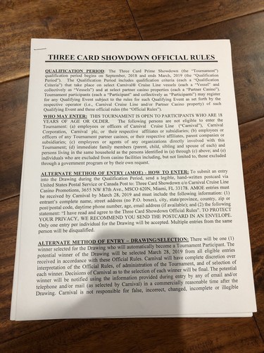 Carnival Cruise Showdown Poker Tournament Seat Certificates to April 28, 2019