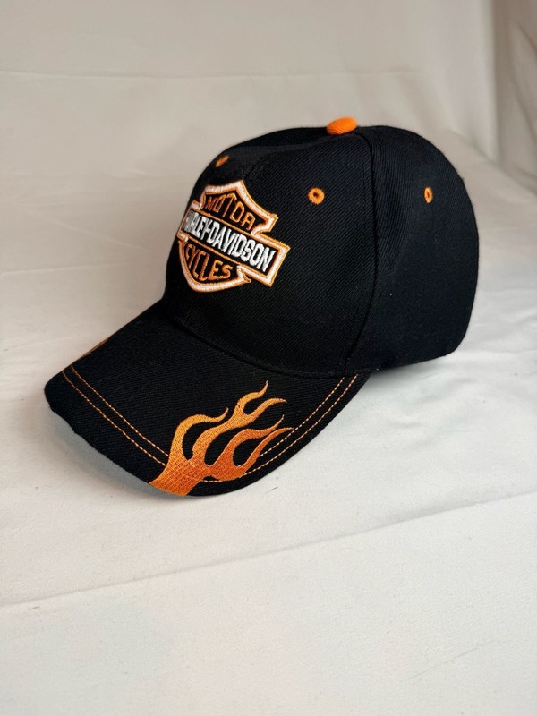 Harley Davidson Black and Orange Flames Embroidered Adjustable Baseball Hat