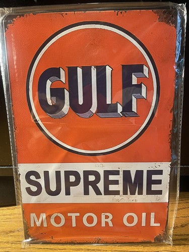 GULF  & GOLDEN SHELL MOTOR OIL METAL SIGN 8X12&rdquo; NIP FOR SHOP-MAN-CAVE-OFFICE