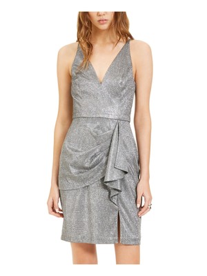 

BLONDIE Женское серебряное короткое вечернее платье-футляр без рукавов с v-образным вырезом для юниоров, Серебряный