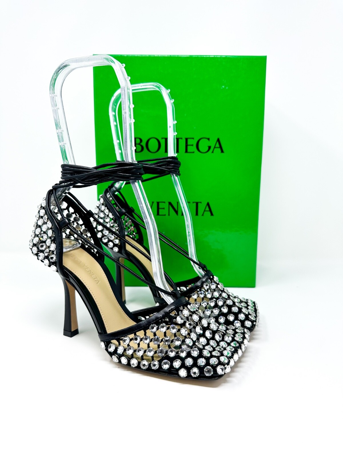 Pre-owned Bottega Veneta Women's Sparkle Stretch Lace-up Sandal Black 8 Us /38 Eu $1950 In Black/crystal