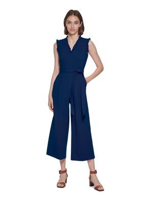 CALVIN KLEIN Womens Blue Tie-belt Cropped Sleeveless Wide Leg Jumpsuit 14