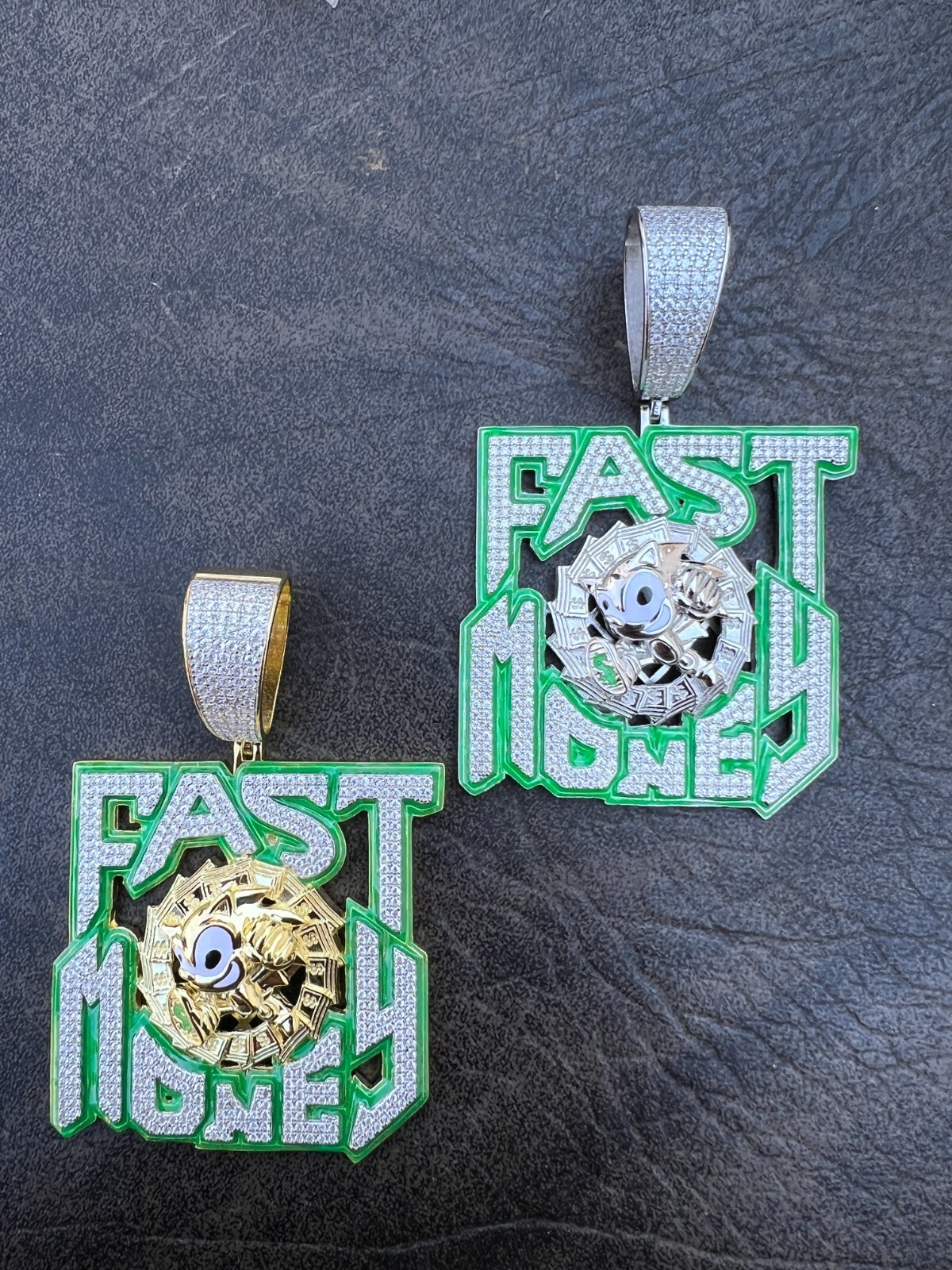 Pre-owned Silver Real 925  Gold Plated Cz Glows In Dark Fast Money Sonic Big Hiphop Pendant