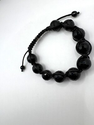 Gorgeous Jet Black Faceted Czech Glass Beaded Slide Bracelet See Pics !