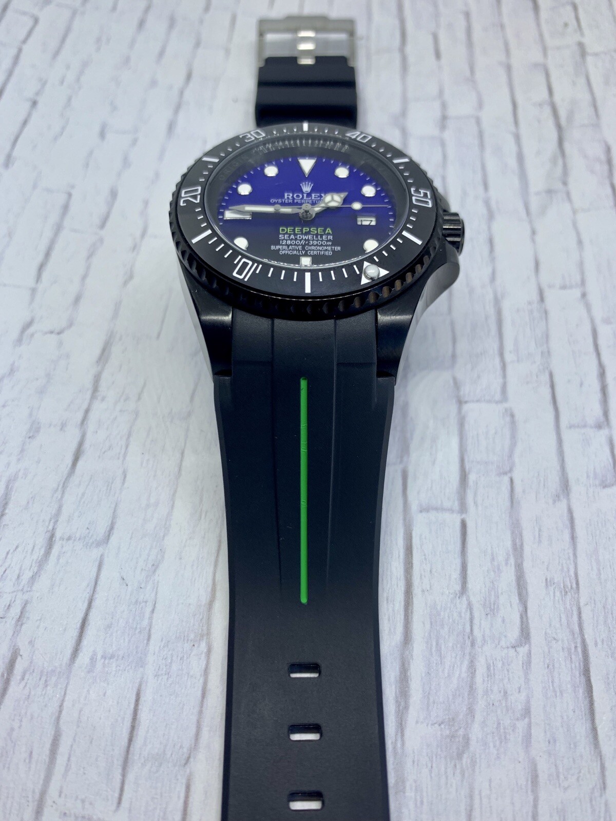 21mm BLACK Vulcanized Flared Rubber Strap For 44mm Deepsea Watch GREEN Stripe