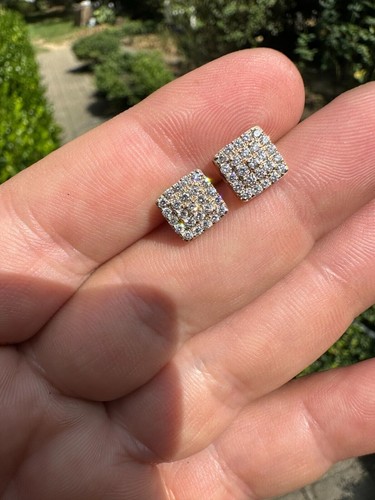 Pre-owned Silver 1.32ct Vvs Real Diamond Men's Solid 14k Yellow Gold Iced Hip Hop Square Earrings In White