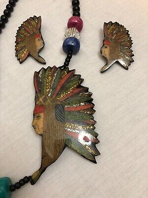 Indian Chief Necklace and Earring Set Lightweight Clip Tribal Costume Jewelry