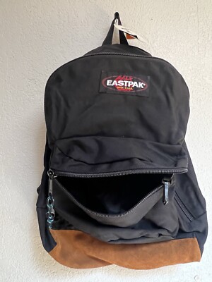 Vintage 1990 s  Eastpak Black Backpack With Leather Suede Bottom Made In USA New