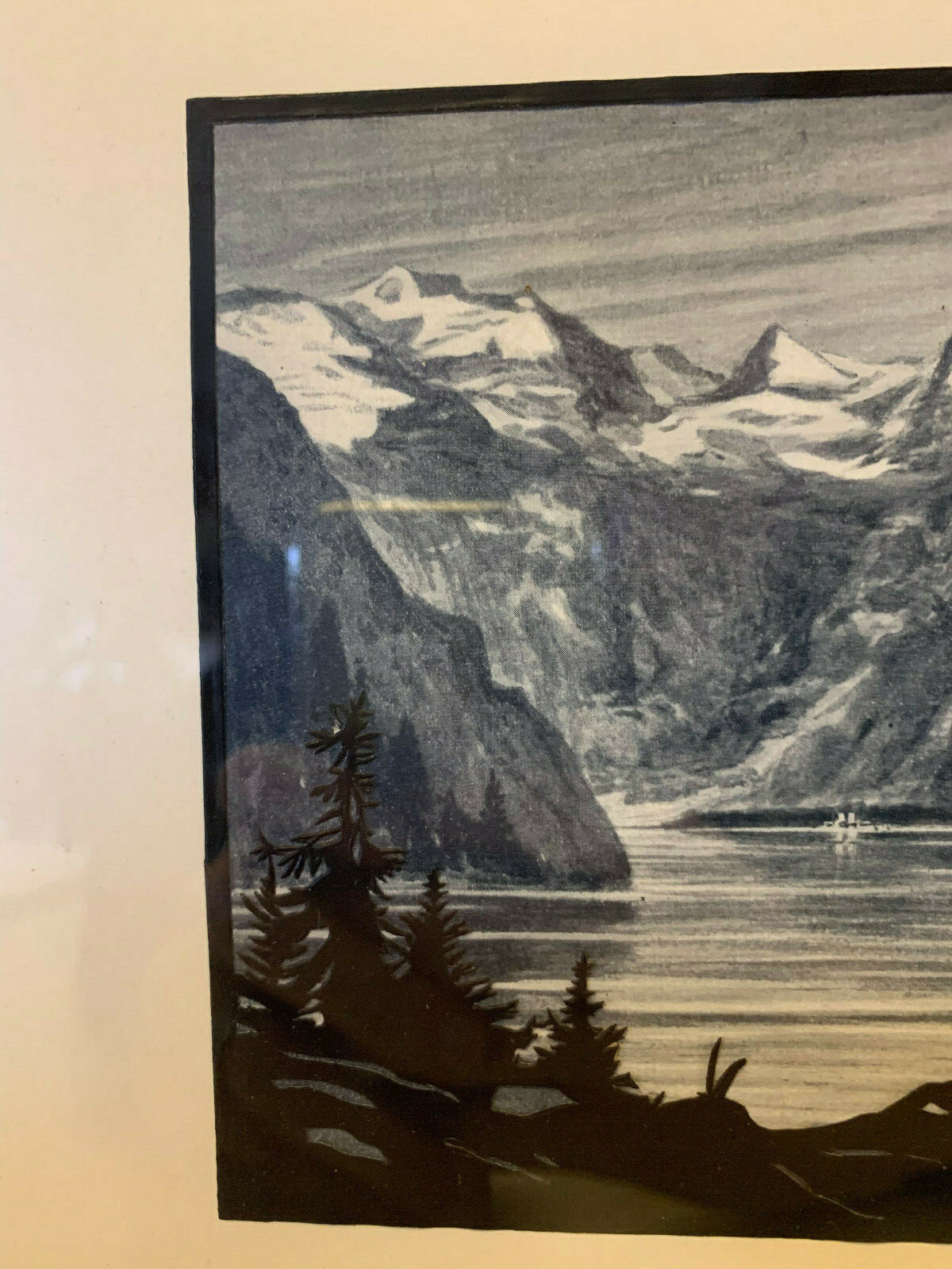 Vintage Silhouette Cutout Trees in Mountain Landscape