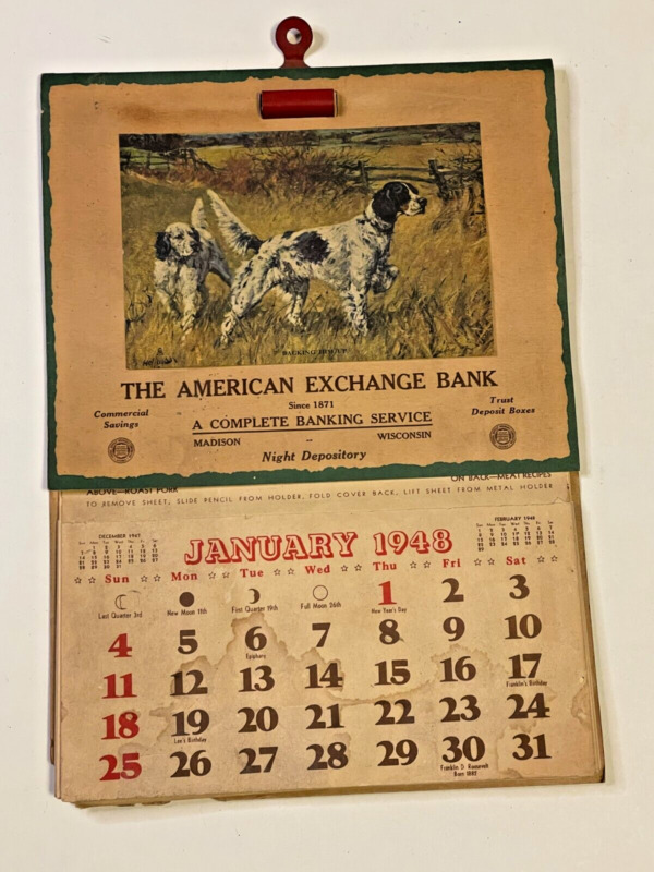 VTG Cooking Club Calendar Recipes 1948 AMERICAN EXCHANGE BANK English Setter Dog