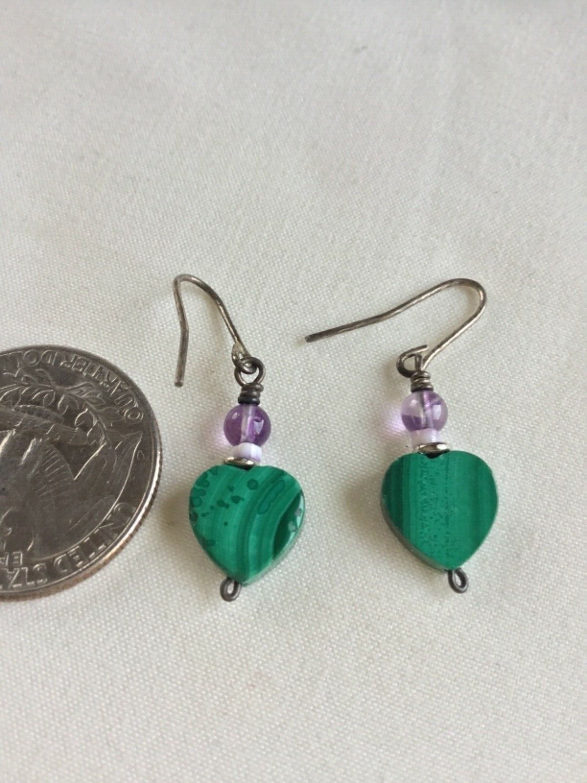 Vintage Heart Shaped Malachite Beaded Stone Dangle Earrings Pierced Ears