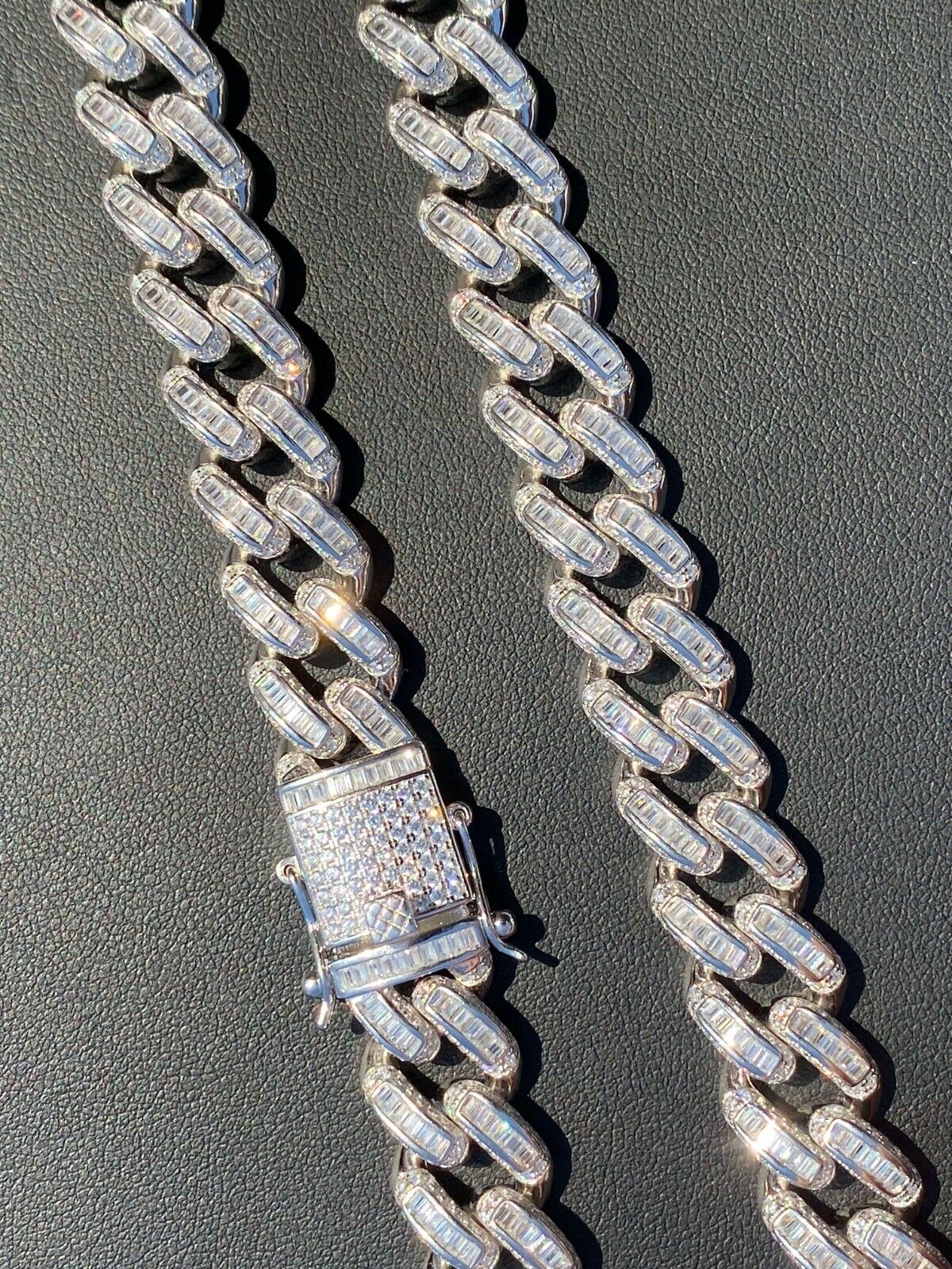 Pre-owned Silver Solid 925 Sterling  12mm Baguette Cz Miami Cuban Link Chain Necklace Cz