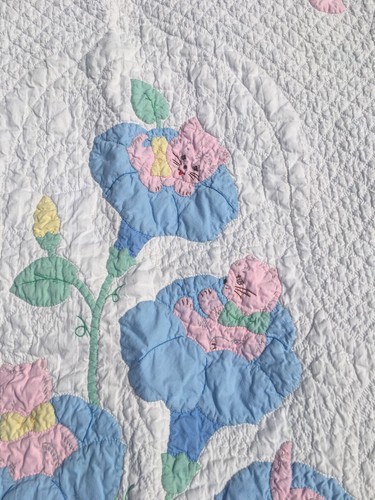 Rare Kittens Cats In Flower Crib Size Antique Applique Hand Stitched Quilt