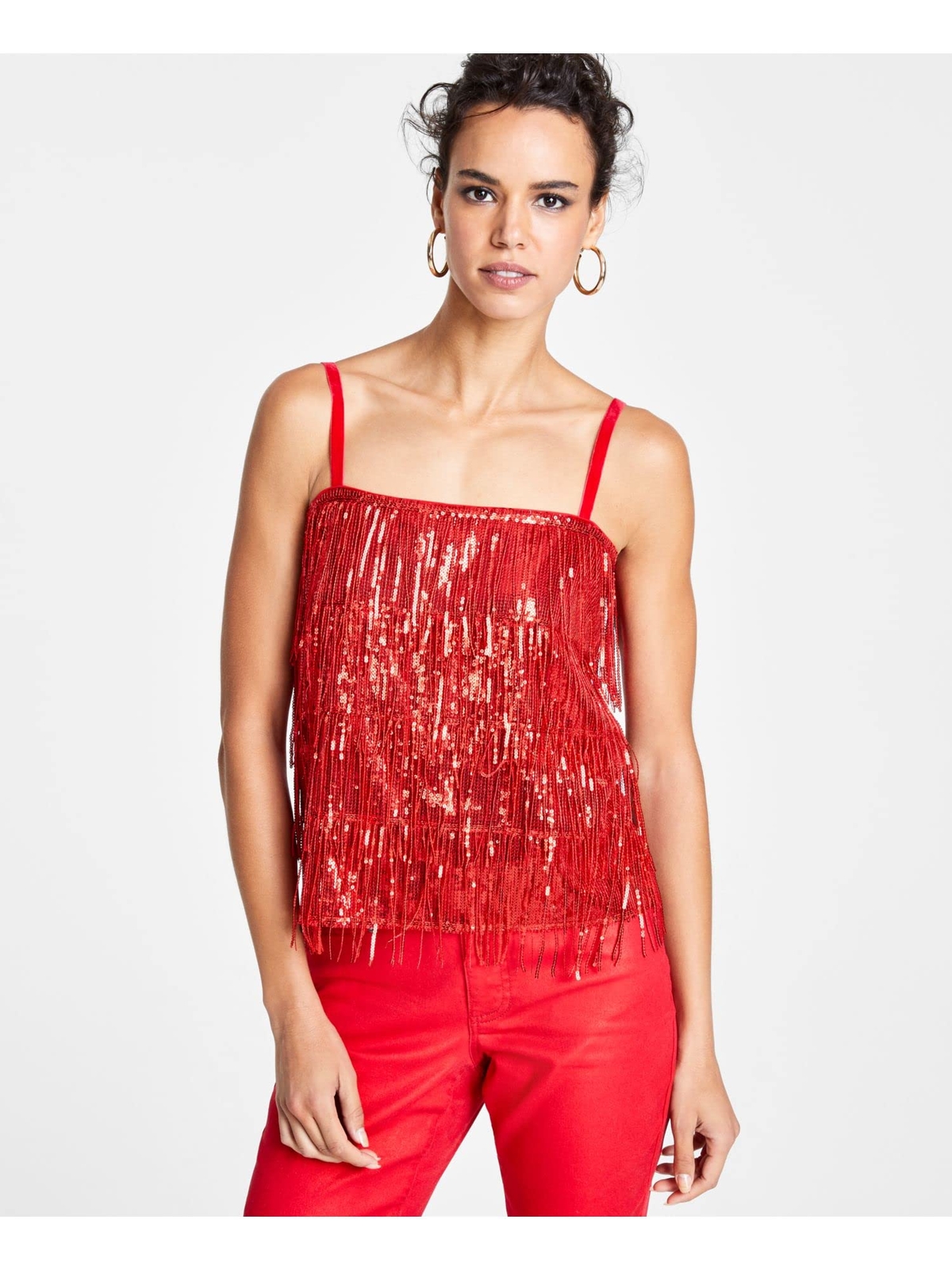 $70 Inc Sequined Fringed Spaghetti Strap Square Neck Party Cami