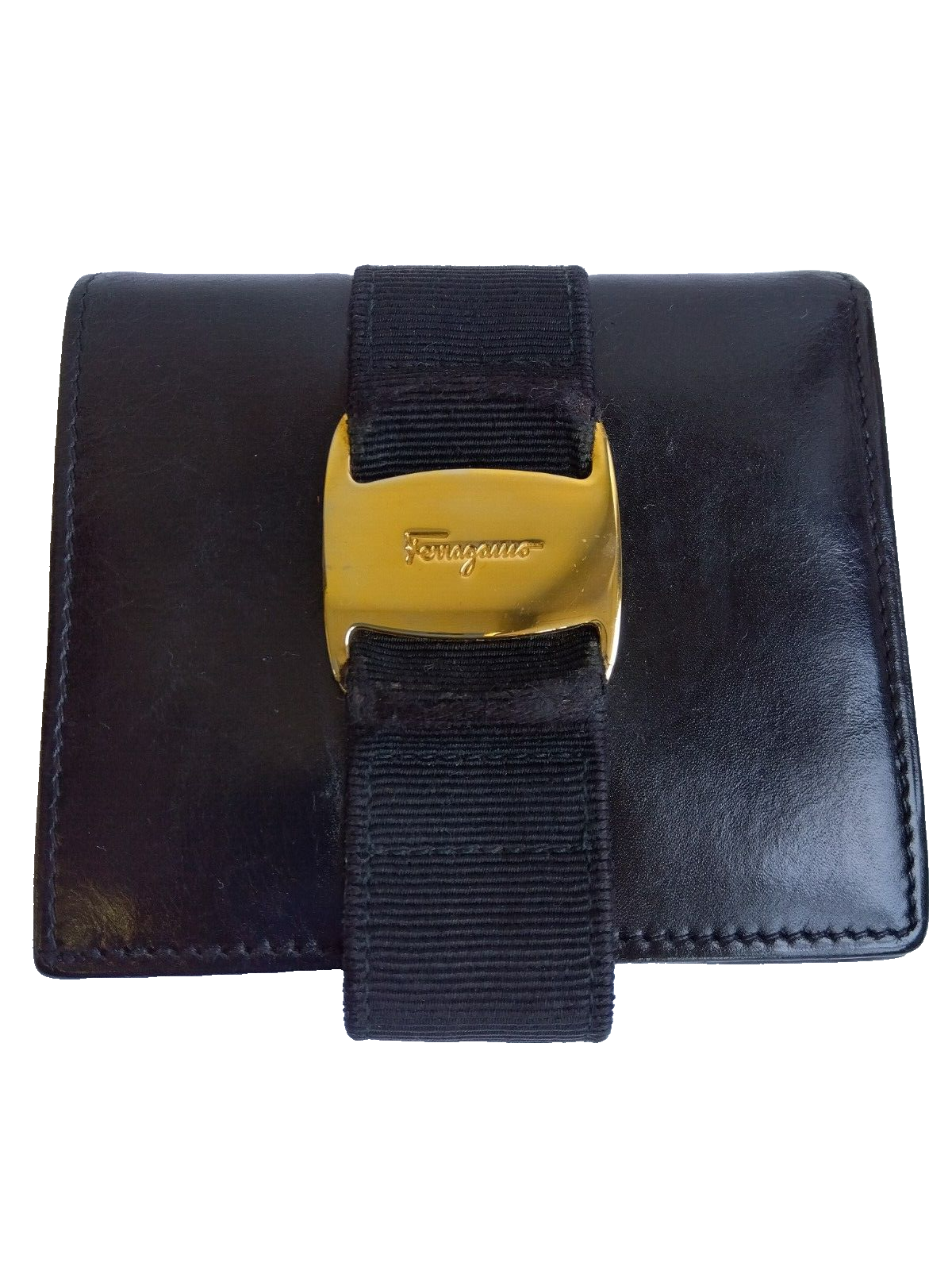 Salvatore Ferragamo Vara Bifold Wallet Black Leather gold