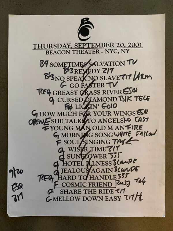 The Black Crowes 9-20-01 Tour Concert Used Set List W/ Notes Beacon NYC, NY