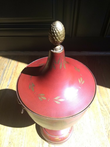 ANTIQUE Vintage Italian Tole Painted RED Shabby Lion's Face Handle Urn